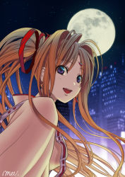 Rule 34 | 1girl, absurdres, bad id, bad pixiv id, blonde hair, building, earrings, forehead jewel, full moon, hair ribbon, highres, jewelry, kaitou jeanne, kamikaze kaitou jeanne, kusakabe maron, lips, long hair, looking at viewer, moon, night, open mouth, ponytail, portrait, purple eyes, red ribbon, ribbon, sidelocks, skyscraper, solo, teeth, tsukino meito