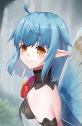 Rule 34 | 1girl, absurdres, blue hair, blue wings, blurry, blush, bush, closed mouth, depth of field, dress, fairy, fairy wings, fate/grand order, fate (series), flower, forest, highres, hope (fate), looking at viewer, nature, particle sfs, pointy ears, scar, scar on face, smile, solo, upper body, white dress, wings, yellow eyes