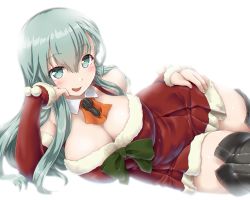 Rule 34 | 1girl, breasts, dd (ijigendd), detached sleeves, dress, fur-trimmed dress, fur-trimmed sleeves, fur trim, green eyes, green hair, highres, kantai collection, large breasts, long hair, long sleeves, lying, on side, red dress, red sleeves, santa costume, santa dress, short dress, solo, suzuya (kancolle), thighhighs