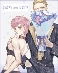 Rule 34 | 1boy, 1girl, absurdres, blonde hair, blue eyes, bouquet, candy, flower, food, formal, happy white day, highres, jewelry, jojo no kimyou na bouken, lollipop, midriff, necklace, one eye closed, pink hair, prosciutto, short hair, skirt, suit, trish una, vento aureo, white day, yepnean
