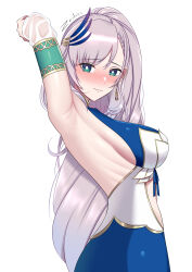 Rule 34 | 1girl, absurdres, aqua eyes, arm up, armpits, artist name, blush, breasts, closed mouth, commentary, earrings, embarrassed, english commentary, from side, highres, hololive, hololive indonesia, jewelry, large breasts, long hair, looking at viewer, looking to the side, pavolia reine, pavolia reine (1st costume), ribs, sideboob, simple background, solo, upper body, virtual youtuber, white background, white hair, zedxxx