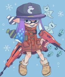 Rule 34 | 1girl, anna gomesi, baseball cap, black hat, blue background, blue eyes, blue hair, boots, brown footwear, buttons, commentary request, dual wielding, dualie squelcher (splatoon), full body, gradient hair, gun, hat, highres, holding, holding gun, holding weapon, inkling, inkling girl, inkling player character, jacket, long hair, looking at viewer, multicolored hair, nintendo, open mouth, pointy ears, print headwear, purple hair, red jacket, smile, snowflake background, solo, splatoon (series), standing, teeth, tentacle hair, two-tone hair, weapon