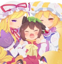 Rule 34 | 3girls, :3, :d, ;), animal ears, animal hat, blonde hair, blush, bow, brown hair, cat ears, cat tail, chen, choker, closed eyes, closed mouth, commentary request, dress, elbow gloves, fang, fox ears, fox tail, frills, gloves, gold trim, green headwear, hair bow, hair ribbon, happy, hat, hat ribbon, heart, highres, ibaraki natou, long hair, long sleeves, mob cap, multiple girls, multiple tails, nekomata, no lineart, one eye closed, open mouth, parted lips, puffy short sleeves, puffy sleeves, purple dress, purple eyes, red bow, red choker, red dress, red eyes, red ribbon, ribbon, ribbon choker, short hair, short sleeves, signature, simple background, smile, tabard, tail, touhou, tress ribbon, two tails, upper body, very long hair, white background, white dress, white headwear, wide sleeves, yakumo ran, yakumo yukari, yellow bow, yellow neckwear