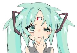 Rule 34 | 1girl, ao 6336, aqua eyes, aqua hair, aqua nails, battery indicator, collared shirt, facial mark, forehead, forehead mark, furrowed brow, grey shirt, hair ornament, hand on own chin, hand up, hatsune miku, long hair, looking up, open mouth, parted bangs, portrait, raised eyebrow, shirt, simple background, sleeveless, sleeveless shirt, solo, twintails, uneven eyes, vocaloid, white background