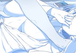 Rule 34 | 1girl, bad id, bad pixiv id, blue theme, breasts, cellphone, dress shirt, finger in own mouth, head out of frame, holding hands, large breasts, lulu heika, lying, male hand, mole, mole under eye, monochrome, naked shirt, nelson (warship girls r), on back, on bed, open clothes, open shirt, out of frame, phone, saliva, shirt, short hair, smartphone, solo focus, spot color, warship girls r
