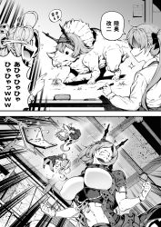 Rule 34 | 2koma, 3girls, ahoge, akigumo (kancolle), asashimo (kancolle), bacius, blush, breasts, comic, dinosaur, gloves, grass, greyscale, headgear, highres, holding, holding marker, indoors, kantai collection, kinnikuman, large breasts, laughing, long hair, long sleeves, marker, monochrome, multiple girls, mutsu (kancolle), myoukou pose, open mouth, pantyhose, parody, ponytail, remodel (kantai collection), school uniform, shaded face, short hair, sparkle, tears, teeth, translated, triceratops, whiteboard