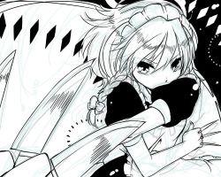 Rule 34 | 1girl, between fingers, chigo, female focus, greyscale, holding, holding knife, izayoi sakuya, knife, knives between fingers, lowres, monochrome, solo, throwing knife, touhou, weapon