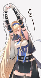 Rule 34 | 1girl, absurdres, arknights, arms up, black skirt, black thighhighs, blonde hair, blue hairband, blush, braid, breasts, closed eyes, closed mouth, commentary request, facing viewer, fingerless gloves, gloves, grey background, hair between eyes, hairband, highres, interlocked fingers, long hair, medium breasts, own hands together, saileach (arknights), shirt, simple background, skirt, solo, standing, stretching, suzubotan, thighhighs, trembling, v-shaped eyebrows, very long hair, white gloves, white shirt