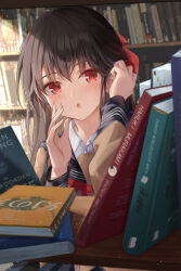 Rule 34 | 1girl, absurdres, adjusting hair, black hair, blush, bookshelf, bow, collared shirt, crossed bangs, finale, hair bow, highres, indoors, library, looking at viewer, medium hair, open mouth, original, portrait, red bow, red eyes, school uniform, shirt, solo, sunlight, white shirt