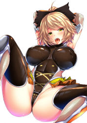 Rule 34 | 00s, 1girl, ahoge, arms up, blonde hair, blush, bow, breasts, cameltoe, ebi 193, elbow gloves, covered erect nipples, fishnets, gloves, hair bow, highres, impossible clothes, impossible leotard, kurodani yamame, large breasts, leotard, looking at viewer, open mouth, saliva, short hair, simple background, solo, taimanin (series), taimanin asagi, taimanin suit, tears, teeth, thighhighs, tongue, tongue out, touhou, white background