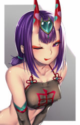 Rule 34 | 1girl, :p, alternate costume, blush, breasts, closed mouth, collarbone, covered erect nipples, elbow gloves, fate/grand order, fate (series), gloves, hair between eyes, hair ornament, hairband, highres, horns, jewelry, looking at viewer, one eye closed, purple eyes, purple hair, short hair, shuten douji (fate), shuten douji (fate/grand order), shuten douji (halloween caster) (fate), simple background, skin-covered horns, small breasts, smile, solo, standing, takanashi-a, tongue, tongue out, white background