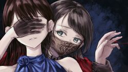 Rule 34 | 2girls, absurdres, bang dream!, bang dream! it&#039;s mygo!!!!!, black gloves, black hair, black mask, blue eyes, brown hair, collarbone, commentary, covering another&#039;s mouth, gloves, highres, holding another&#039;s wrist, long hair, mask, mole, mole under eye, mouth mask, multiple girls, open mouth, raito taisha, shiina taki, string of flags, upper body, yahata umiri, yuri