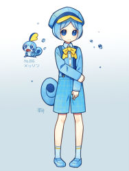 Rule 34 | 1boy, aona (noraneko), bad hands, blue eyes, blush, bow, cabbie hat, calf socks, chameleon tail, character name, collared shirt, creatures (company), dress shirt, game freak, gen 8 pokemon, hat, holding own arm, lizard tail, loafers, looking at viewer, nintendo, parted bangs, personification, pokedex number, pokemon, shirt, shoes, short hair, shorts, signature, sobble, solo, suspenders, tail