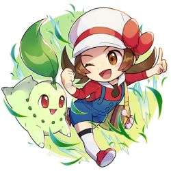Rule 34 | 1girl, ;d, blue overalls, blush, bow, brown eyes, brown hair, cabbie hat, chibi, chikorita, commentary request, creatures (company), eyelashes, falling leaves, game freak, gen 2 pokemon, hat, hat bow, highres, index finger raised, leaf, long hair, lyra (pokemon), nintendo, one eye closed, open mouth, overalls, peron (niki2ki884), pokegear, pokemon, pokemon (creature), pokemon hgss, red bow, red footwear, red shirt, shirt, shoes, smile, thighhighs, tongue, twintails, white headwear, white thighhighs, yellow bag