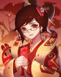 Rule 34 | 1girl, brown eyes, brown hair, chinese clothes, dress, earrings, glasses, hair bun, hair ornament, hair stick, holding, hongbao, jewelry, long sleeves, looking at viewer, luna mei, mei (overwatch), nail polish, official alternate costume, outdoors, overwatch, overwatch 1, parted lips, red background, red dress, red nails, robot, short hair, single hair bun, smile, snowball (overwatch), solo, songjikyo, tree, upper body