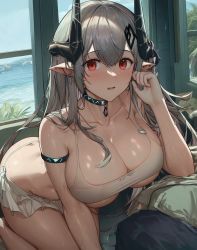 Rule 34 | 1girl, ai-assisted, arknights, bare shoulders, big bob, black choker, blue sky, bra, breasts, choker, cleavage, commentary request, day, grey hair, hand up, highres, horns, indoors, large breasts, looking at viewer, mudrock (arknights), parted lips, pointy ears, red eyes, sky, solo, thighs, underwear, white bra, window