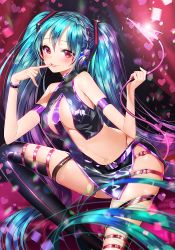 Rule 34 | 1girl, aile (crossroads), aqua hair, blush, breasts, buckle, dark persona, demon tail, finger to mouth, glint, hatsune miku, headphones, heart, large breasts, long hair, looking at viewer, midriff, necktie, purple necktie, red eyes, shiny clothes, skirt, smile, solo, sweet devil (vocaloid), tail, thigh strap, twintails, very long hair, vocaloid