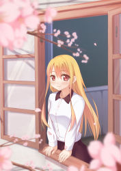 Rule 34 | 1girl, absurdres, apollo (hu maple), blonde hair, blouse, blurry, branch, cherry blossoms, depth of field, hand rest, highres, long hair, long sleeves, looking at viewer, looking outside, open window, original, red eyes, shirt, skirt, smile, solo, window