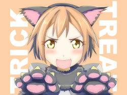 Rule 34 | 1girl, animal costume, animal ears, animal hands, artist name, artist request, blush, bow, cat costume, cat ears, fake animal ears, female focus, fur-trimmed gloves, fur trim, gloves, green eyes, hair between eyes, highres, hoshizora rin, looking at viewer, love live!, love live! school idol festival, love live! school idol project, orange hair, parted lips, paw gloves, short hair, smile, solo, upper body, worosu121, yellow eyes