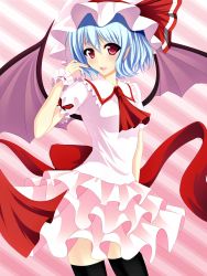 Rule 34 | 1girl, :d, ascot, bat wings, black thighhighs, blouse, blue hair, blush, bow, collared shirt, dress, fingernails, frilled dress, frilled shirt, frilled skirt, frills, hat, hat bow, highres, junior27016, large bow, layered skirt, mob cap, open mouth, pink background, pink shirt, pink skirt, pointy ears, red eyes, remilia scarlet, ribbon, shirt, skirt, skirt set, smile, solo, standing, striped, striped background, thighhighs, touhou, turning head, wings, wrist cuffs, wristband, zettai ryouiki