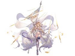 Rule 34 | 1girl, antenna hair, armor, armpits, arms up, bad id, bad pixiv id, banner, blonde hair, blue eyes, breasts, closed mouth, covered erect nipples, dress, flower, full body, granblue fantasy, greaves, hair flower, hair ornament, highres, jeanne d&#039;arc (granblue fantasy), large breasts, long hair, looking at viewer, panties, pants, polearm, purple ribbon, ribbon, ribbon-trimmed dress, ribbon trim, simple background, solo, spear, string panties, thighs, torn clothes, torn dress, torn pants, underwear, weapon, white background, white dress, white panties, yu pian
