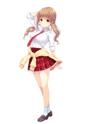 Rule 34 | 1girl, arm behind head, breasts, brown hair, closed mouth, girlfriend (kari), glasses, large breasts, long hair, official art, plaid, plaid skirt, qp:flapper, red eyes, red skirt, sakaida natsumi, school uniform, shirt, shoes, skirt, smile, socks, solo, standing, tagme, tied sweater, transparent background, white shirt