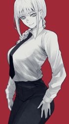 Rule 34 | 1girl, braid, braided ponytail, breasts, business suit, chainsaw man, collared shirt, eyeliner, formal, hand on own thigh, high-waist pants, hoshi san 3, large breasts, light smile, long hair, looking at viewer, makeup, makima (chainsaw man), monochrome, necktie, pants, red background, ringed eyes, shirt, shirt tucked in, smile, suit, thick thighs, thighs
