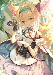 Rule 34 | 1girl, absurdres, animal ear fluff, animal ears, arknights, bare shoulders, black gloves, blonde hair, blue hairband, braid, braided hair rings, clothing cutout, colored tips, commentary, dress, earpiece, fangs, fox ears, fox girl, fox tail, frilled sleeves, frills, gloves, green eyes, hair between eyes, hair rings, hairband, highres, kitsune, kyuubi, looking at viewer, multicolored hair, multiple tails, open mouth, oripathy lesion (arknights), paw pose, purple dress, short hair, short sleeves, shoulder cutout, single glove, single wrist cuff, solo, suzuran (arknights), tail, twin braids, two-tone hair, white hair, wrist cuffs, zane (fnyx7843)