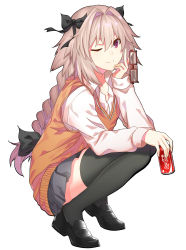 Rule 34 | 1boy, ;), absurdres, astolfo (fate), black thighhighs, braid, can, coca-cola, unworn eyewear, fate/apocrypha, fate (series), glasses, highres, holding, holding removed eyewear, loafers, long hair, looking at viewer, makise minami, male focus, one eye closed, pink hair, pleated skirt, school uniform, shoes, simple background, skirt, smile, solo, squatting, thighhighs, trap, white background