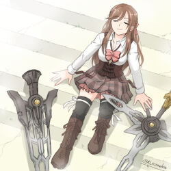 Rule 34 | 1girl, arms at sides, assault lily, belt, belt buckle, black thighhighs, boots, bow, bowtie, breasts, brown belt, brown footwear, brown hair, brown skirt, buckle, closed mouth, collared shirt, commentary request, corset, cross-laced footwear, day, from above, fukuyama jeanne sachie, full body, hair bow, half updo, knee boots, lace-up boots, leg ribbon, light smile, long sleeves, loose bowtie, ludvico private girls&#039; academy school uniform, medium breasts, miniskirt, numanuma, outdoors, pink bow, pink bowtie, plaid, plaid skirt, pleated skirt, ribbon, school uniform, shadow, shirt, sidelocks, sitting, sitting on stairs, skirt, solo, stairs, swept bangs, sword, thigh ribbon, thighhighs, twitter username, underbust, weapon, white ribbon, white shirt