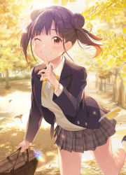 Rule 34 | 1girl, autumn leaves, bag, black jacket, blazer, brown eyes, brown hair, commentary request, double bun, finger to mouth, ginkgo leaf, grin, hair bun, highres, idolmaster, idolmaster shiny colors, jacket, joey koguma, leaf, long sleeves, looking at viewer, miniskirt, one eye closed, plaid, plaid skirt, pleated skirt, ribbon, school bag, school uniform, short twintails, skirt, smile, socks, solo, sonoda chiyoko, sweater, twintails, v-neck, white socks, yellow neckwear, yellow ribbon
