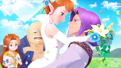 Rule 34 | 2boys, 2girls, :d, anju, bald, blue eyes, blue sky, bouquet, brown hair, cloud, confetti, cremia, crossed arms, dress, earrings, elbow gloves, erotani, eye contact, flower, gloves, head wreath, hetero, highres, jewelry, kafei, link, long hair, looking at another, multiple boys, multiple girls, mutoh, necklace, nintendo, open mouth, pointy ears, purple hair, red eyes, sky, sleeveless, sleeveless dress, smile, the legend of zelda, the legend of zelda: majora&#039;s mask, thick eyebrows, upper body, veil, wedding, wedding dress, white dress