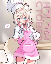 1girl absurdres animal_ear_fluff animal_ears apron bandaid bandaid_hair_ornament belt_collar black_collar blonde_hair blue_eyes blush bowl collar cropped_shirt dog_ears dog_girl dog_tail finger_sucking hair_ornament headphones headphones_around_neck highres holding holding_bowl hololive hololive_english looking_at_viewer mococo_abyssgard mococo_abyssgard_(1st_costume) musical_note pink_apron pink_hair shirt short_hair shutowl solo spiked_collar spikes spoken_musical_note tail two_side_up virtual_youtuber white_arm_warmers white_shirt x_hair_ornament