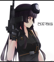 Rule 34 | 1girl, black hair, blunt bangs, brown hair, gloves, goggles, gun, highres, holding, holding gun, holding weapon, keenh, letterboxed, long hair, original, rifle, simple background, solo, trigger discipline, weapon, white background