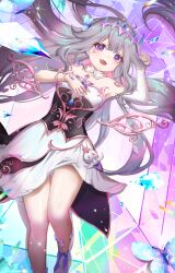 Rule 34 | 1girl, absurdres, artkouchiku, blush, chest jewel, colored inner hair, corset, crown, detached collar, dress, gem, grey hair, highres, hololive, hololive english, koseki bijou, long hair, looking at viewer, lying, multicolored hair, on back, open mouth, purple eyes, smile, thighs, very long hair, virtual youtuber, wings