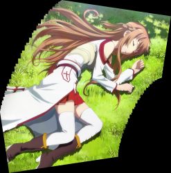 Rule 34 | 10s, 1girl, asuna (sao), bare shoulders, blush, boots, braid, cloak, closed eyes, grass, highres, long hair, pov, screencap, shade, sleeping, stitched, sword art online, thigh boots, thighhighs, third-party edit, tree