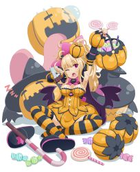 Rule 34 | 1girl, absurdres, arm up, armpits, blonde hair, bow, candy, candy cane, chocolate, cosmic break, detached sleeves, dress, fang, food, food bite, food on face, hair bow, hair ornament, hat, heart, highres, indian style, jack-o&#039;-lantern, lollipop, long hair, messy hair, nail polish, nose bubble, one eye closed, pepo pucchi, pumpkin, pumpkin hat, shadow, shoes, simple background, single shoe, sitting, ska, sleeping, socks, striped clothes, striped thighhighs, teardrop, thighhighs, tongue, wings, wink, witch hat, yawning, zzz