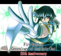 Rule 34 | 1girl, armor, black hair, blue dress, breastplate, dress, earrings, english text, fire emblem, fire emblem: genealogy of the holy war, foreshortening, gloves, hamon ai, holding, holding sword, holding weapon, jewelry, larcei (fire emblem), looking at viewer, nintendo, outstretched arm, purple eyes, reaching, reaching towards viewer, serious, short hair, shoulder armor, sidelocks, simple background, solo, sparkle, sword, tomboy, tunic, weapon