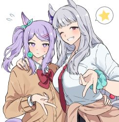 Rule 34 | 2girls, alternate costume, alternate hairstyle, animal ears, blush, bow, bowtie, bracelet, breast pocket, breasts, candy, card, closed mouth, clothes around waist, collared shirt, ear bow, flat chest, flying sweatdrops, food, frown, gold ship (umamusume), grey hair, grin, gyaru v, hand on another&#039;s hip, hand on another&#039;s shoulder, highres, holding, holding candy, holding food, holding lollipop, horse ears, jewelry, large breasts, lollipop, long sleeves, mejiro mcqueen (umamusume), multiple girls, necktie, one eye closed, pink eyes, pocket, purple eyes, purple hair, red bow, red bowtie, red necktie, scrunchie, shirt, side ponytail, simple background, sleeves pushed up, smile, spoken star, star (symbol), umamusume, unneul, upper body, v, v-shaped eyebrows, white background, white shirt, wrist scrunchie