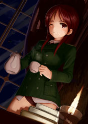 Rule 34 | 1girl, bad id, bad pixiv id, book, candle, catocala, cup, curtains, military, military uniform, minna-dietlinde wilcke, night, one eye closed, panties, red eyes, red hair, strike witches, teacup, teapot, underwear, uniform, window, wink, world witches series