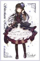 Rule 34 | 1girl, ascot, bad id, bad twitter id, bang dream!, black ascot, black hair, black pantyhose, blunt bangs, blush, boots, choker, collared dress, corsage, corset, dress, flower, full body, hair ornament, hand in own hair, highres, lolita fashion, long hair, looking at viewer, open mouth, pantyhose, purple eyes, rose, shirokane rinko, simple background, smile, solo, standing, taya oco, white background