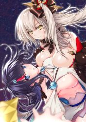 Rule 34 | 2girls, bare shoulders, black hair, blue eyes, blue ribbon, breasts, cleavage, dark persona, dress, fate/grand order, fate/requiem, fate (series), highres, jewelry, large breasts, long hair, long sleeves, magatama, magatama hair ornament, marie antoinette (alter) (fate), marie antoinette (fate), medium hair, multicolored hair, multiple girls, necklace, pale skin, pelvic curtain, puffy long sleeves, puffy sleeves, revision, ribbon, short dress, side ponytail, sideboob, sideless outfit, streaked hair, tsuzuki yoshio, two-sided fabric, two-sided skirt, utsumi erice, white dress, white hair, yellow eyes