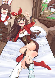Rule 34 | 1girl, absurdres, amber (genshin impact), barefoot, baron bunny (genshin impact), bed, bed sheet, bedroom, breasts, brown hair, cleavage, cropped jacket, feet, foot focus, genshin impact, highres, laughing, lumine (genshin impact), lying, open mouth, pillo, pov, short shorts, shorts, soles, tickling, tickling feet, toes, yellow eyes