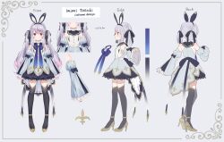 Rule 34 | 1girl, absurdres, animal ears, bare shoulders, blush, breasts, character sheet, closed mouth, detached collar, detached sleeves, dress, expressions, fake animal ears, frills, full body, gradient hair, grey background, grey hair, hair between eyes, hair ornament, hair ribbon, hairband, high heels, highres, jimmy madomagi, long hair, long sleeves, looking at viewer, multicolored hair, multiple views, official alternate costume, official art, pleated skirt, puffy sleeves, purple eyes, purple hair, rabbit ears, ribbon, shoes, sidelocks, simple background, skirt, sleeves past wrists, small breasts, smile, solo, standing, tail, thighhighs, tosaki mimi, tosaki mimi (2nd costume), twintails, virtual youtuber, vspo!, zettai ryouiki