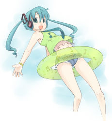 Rule 34 | 1girl, bad id, bad pixiv id, female focus, gradient background, green eyes, hatsune miku, innertube, long hair, looking at viewer, musical note, open mouth, short shorts, shorts, smile, solo, sunyukun, swim ring, twintails, vocaloid, white background