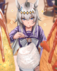 Rule 34 | 1girl, :t, ahoge, animal ears, blue eyes, blurry, blurry background, blurry foreground, bow, bowl, bowtie, chair, chopsticks, closed mouth, ear ornament, eating, fisheye, food, food on face, grey hair, hair between eyes, highres, holding, holding chopsticks, horse ears, long hair, long sleeves, looking at viewer, multicolored hair, oguri cap (umamusume), on chair, rice, rice bowl, school uniform, shirt, sitting, solo focus, sparkle, suwa763, table, tracen school uniform, umamusume, umamusume: road to the top, upper body, very long hair