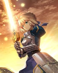 Rule 34 | 1girl, ahoge, aora, armor, armored dress, armored skirt, artoria pendragon (all), artoria pendragon (fate), aura, blonde hair, blue dress, blue ribbon, breastplate, closed mouth, cloud, commentary, dress, dusk, english commentary, excalibur (fate/stay night), fate/stay night, fate (series), faulds, gauntlets, green eyes, hair ribbon, holding, holding sword, holding weapon, light particles, outdoors, puffy sleeves, ribbon, saber (fate), sky, standing, sword, weapon
