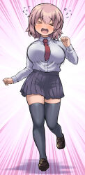 Rule 34 | &gt; &lt;, 1girl, blue skirt, blush, bouncing breasts, breasts, brown footwear, brown hair, closed eyes, collared shirt, commentary request, dress shirt, emphasis lines, facing viewer, flying sweatdrops, full body, grey thighhighs, hair between eyes, highres, koshirae tsurugi (m.m), loafers, long sleeves, m.m, medium breasts, necktie, open mouth, original, pleated skirt, red necktie, running, shirt, shoes, skirt, solo, tears, thighhighs, white shirt