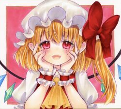 Rule 34 | 1girl, :d, ascot, blonde hair, blush, border, bow, crystal, ear blush, fang, flandre scarlet, hands on own face, happy, hat, hat bow, looking at viewer, marker (medium), medium hair, mob cap, one side up, open mouth, outside border, pink background, puffy short sleeves, puffy sleeves, red bow, red eyes, short sleeves, simple background, skin fang, smile, solo, tareme, touhou, traditional media, white border, wings, yellow ascot, yuuki hana (jtnp5334)