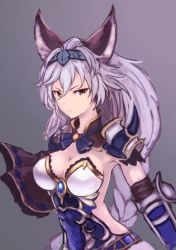Rule 34 | 10s, 1girl, animal ears, armor, breasts, cat ears, cat girl, cleavage, erune, female focus, gradient background, granblue fantasy, hair intakes, hairband, heles, large breasts, long hair, purple background, ryuinu, shoulder pads, silver hair, solo, spikes, upper body, yellow eyes